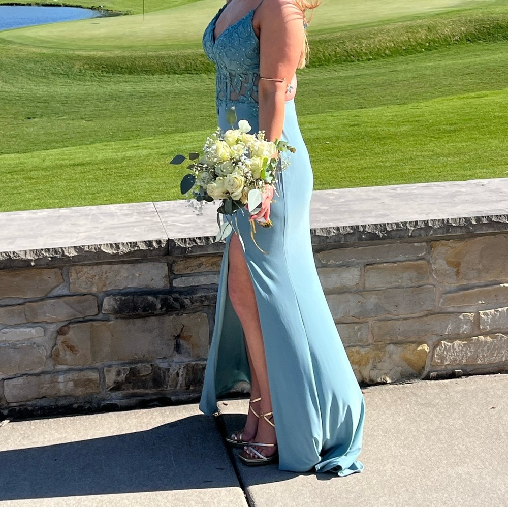 Blue Sleeveless Spaghetti Strap Gown for Prom